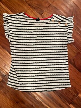 W5 Black and White Striped Ruffled Sleeve Top with Button Detail